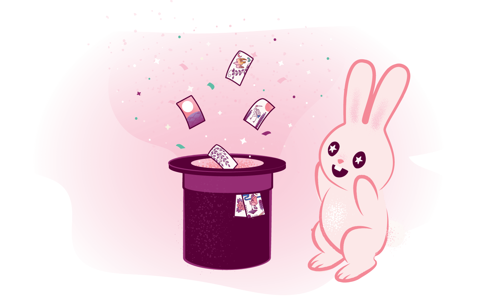 a rabbit gasps as hanafuda playing cards fly from a magic hat